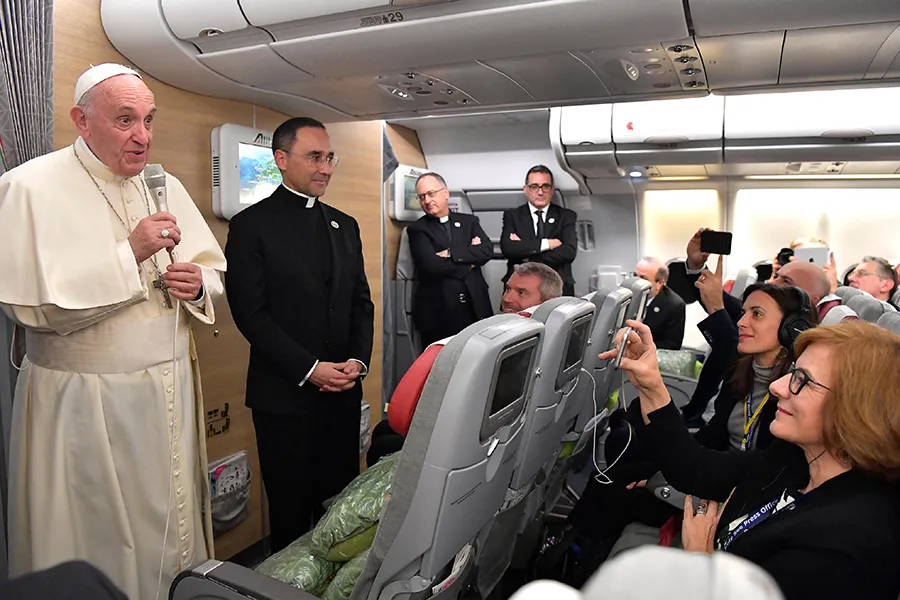 Pope Francis aboard the papal plane en route from Rome to Yangon, Nov. 26, 2017. ?w=200&h=150