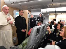Pope Francis aboard the papal plane en route from Rome to Yangon, Nov. 26, 2017. 