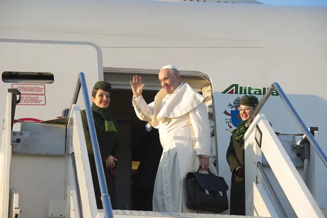 Pope Francis departs the International Airport of Rome Fiumicino for Santiago Chile on January 15 2018 Credit Vatican Media CNA