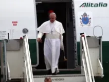 Pope Francis disembarks July 29, 2013 at Ciampino Airport after his flight from Rio de Janeiro. ANSA/TELENEWS