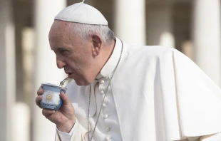 Pope Francis drinks from an Argentina cup at the general audience in St. Peter's Square on Oct. 7, 2015.   L'Osservatore Romano.