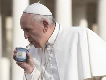 Pope Francis drinks from an Argentina cup at the general audience in St. Peter's Square on Oct. 7, 2015. 