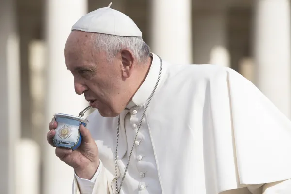Pope Francis drinks from an Argentina cup at the general audience in St. Peter's Square on Oct. 7, 2015. . L'Osservatore Romano.