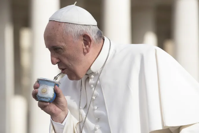 Pope Francis drinks from an Argentina cup at the general audience in St Peters Square on Oct 7 2015 Credit LOsservatore Romano CNA 10 7 15