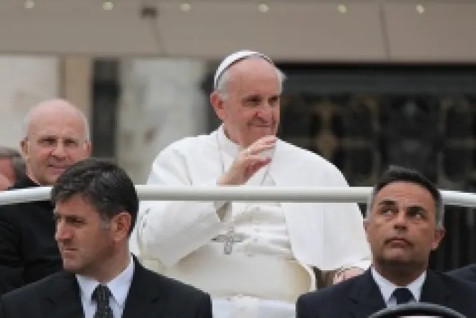 Pope Francis during his general audience sitting May 15 2013 Credit Stephen Driscoll CNA CNA LARGE Vatican Catholic News