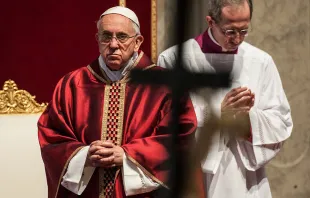 Pope Francis during the veneration of the Cross on Good Friday at St. Peter's Basilica on April 3, 2015.   M. IMPROVED CPP / CNA.