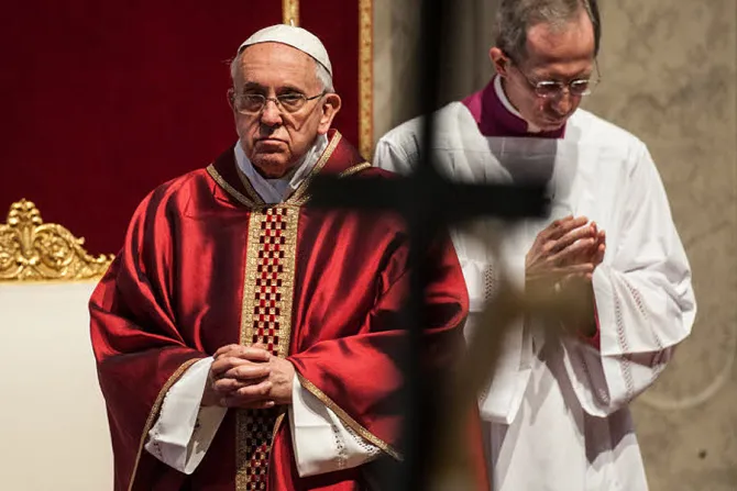 Pope Francis during the veneration of the Cross on Good Friday at St Peters Basilica on April 3 2015 Credit   M IMPROVED CPP CNA 4 3 15