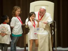 Pope Francis listened to the testimonies of several children from earthquake-struck areas on Saturday, June 3, 2017 at the Vatican. 