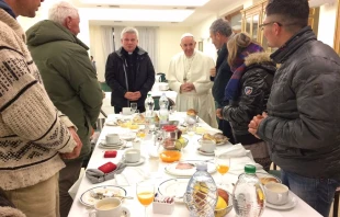 Pope Francis eats breakfast with a group of homeless Dec. 17, 2016 for his 80th birthday.   L'Osservatore Romano.