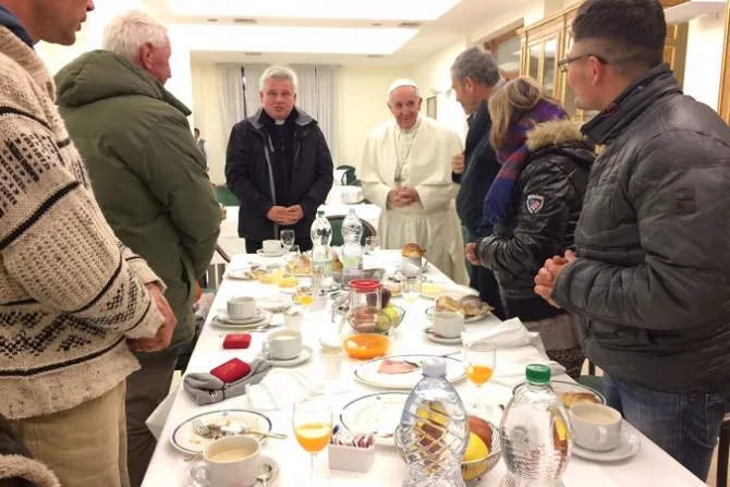 Pope Francis eats breakfast with a group of homeless Dec 17 2016 for his 80th birthday Credit LOsservatore Romano CNA