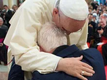 Pope Francis embraces Rev. Ernest Troshani in Tirana's St. Paul Cathedral, Albania. 