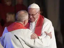 Pope Francis embraces Bishop Dr. Munib A. Younan, President of the Lutheran World Federation-during a joint prayer service at the cathedral in Lund Oct. 31, 2016. 