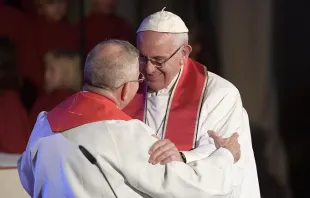 Pope Francis embraces Bishop Dr. Munib A. Younan, President of the Lutheran World Federation-during a joint prayer service at the cathedral in Lund Oct. 31, 2016.   L'Osservatore Romano.