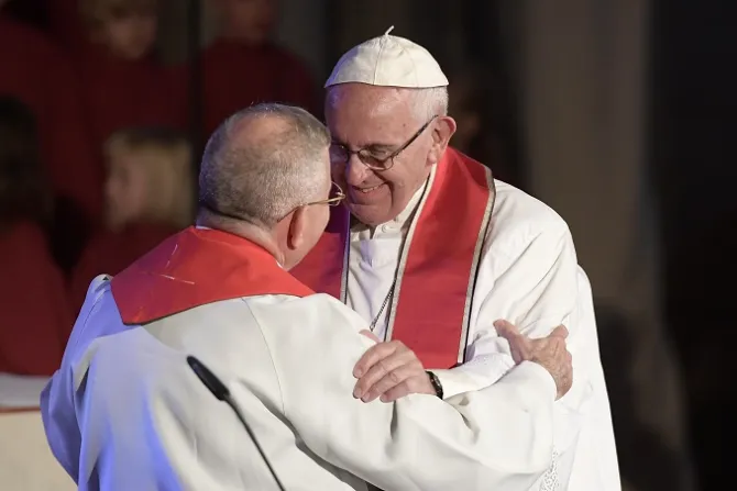Pope Francis embraces Bishop Dr Munib A Younan President of the Lutheran World Federation during a joint prayer service at the cathedral in Lund Oct 31 2016 Credit LOsservatore Romano CNA