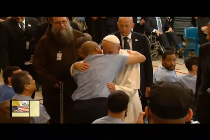 Pope Francis embraces a man at Curran Fromhold Correction Facility in Philadlephia Sept 27 2015 Screenshot