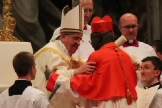 Pope Francis embraces new Cardinal at the Feb 22 consistory February 22 2014 Credit Lauren Cater CNA 2 CNA 2 22 14