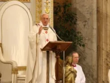 Pope Francis delivers his homily at the Basilica of St. Paul Outside the Wall on April 15, 2013. 