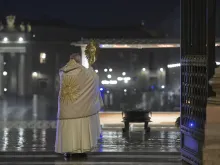Pope Francis gives an extraordinary Urbi et Orbi blessing from the loggia of St. Peter's Basilica March 27, 2020.
