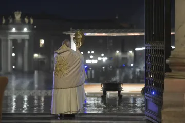 Pope Francis gives an extraordinary Urbi et Orbi blessing from the loggia of St Peters Basilica March 27 2020 Credit Vatican Media