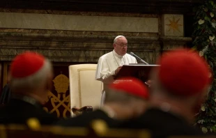 Pope Francis gives his annual Christmas greeting to the Roman Curia Dec. 21, 2019.   Daniel Ibanez/Vatican Pool.