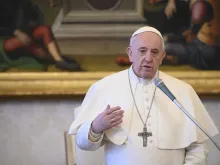 Pope Francis gives a general audience address in the apostolic palace. 