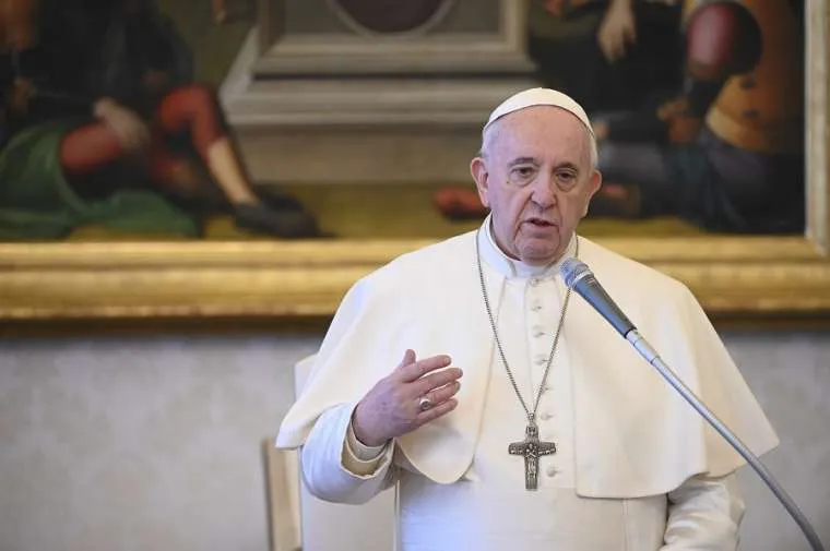 Pope Francis gives a general audience address in the apostolic palace. Credit: Vatican Media.