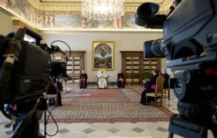 Pope Francis gives his general audience address via video livestream March 11, 2020.   Vatican Media.