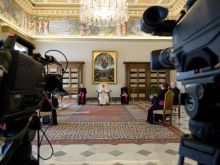 Pope Francis gives his general audience address via video livestream March 11, 2020. 