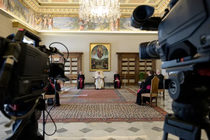 Pope Francis gives his general audience address via video livestream March 11 2020 Credit Vatican Media