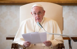 Pope Francis gives the general audience address in the Apostolic Library Nov. 25, 2020.   Vatican Media.