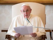 Pope Francis gives the general audience address in the Apostolic Library Nov. 25, 2020. 