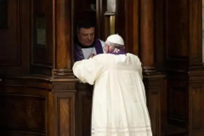 Pope Francis goes to confession as part of a penitential mass at St Peters Basilica at the Vatican on March 28 2014 Credit ANSA OSSERVATORE ROMANO 2 CNA 3 28 14