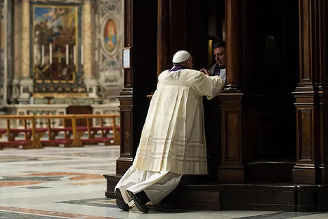 Pope Francis goes to confession as part of a penitential mass at St Peters Basilica at the Vatican on March 28 2014 Credit ANSA OSSERVATORE ROMANO CNA 3 28 14