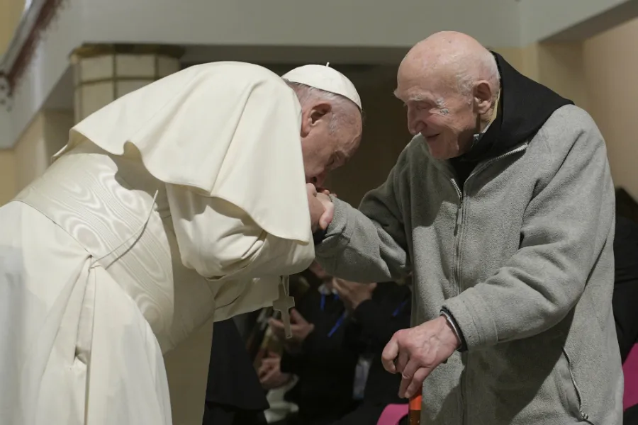 Pope Francis greeted Father Jean Pierre Schumacher in Morocco March 31, 2019. His martyred community was beatified in December 2018. ?w=200&h=150