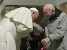 Pope Francis greeted Father Jean Pierre Schumacher in Morocco March 31, 2019. His martyred community was beatified in December 2018.