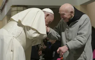 Pope Francis greeted Father Jean Pierre Schumacher in Morocco March 31, 2019. His martyred community was beatified in December 2018. Vatican Media.