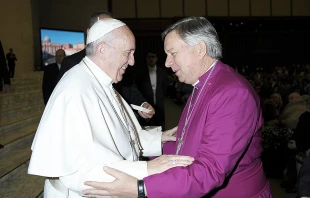 Pope Francis greets David Moxon, the Archbishop of Canterbury's representative to the Holy See, at the Vatican, Jan. 25, 2017.   L'Osservatore Romano.