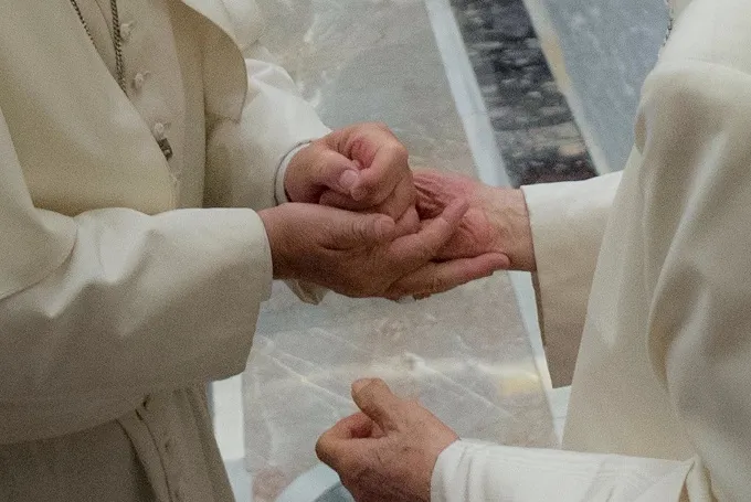 Pope Francis greets Benedict XVI June 28, 2016 for the 65th anniversary of his priestly ordination. ?w=200&h=150