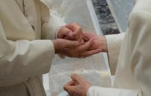 Pope Francis greets Benedict XVI June 28, 2016 for the 65th anniversary of his priestly ordination.   L'Osservatore Romano.