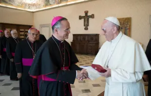 Pope Francis greets Bishop Silvio Jose Baez Ortega, Auxiliary Bishop of Managua, at the Vatican during the Nicaraguan bishops' ad limina, Sept. 16, 2017.   L'Osservatore Romano.