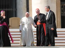 Pope Francis together with Cardinal Gerhard Müller, prefect of the Congregation for the Doctrine of the Faith, at the General Audience in St. Peter's Square, Nov. 19, 2014. 
