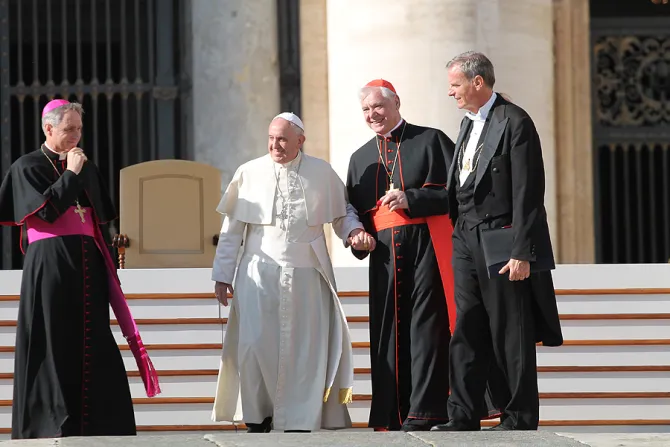 Pope Francis greets Cardinal Gerhard Mueller in St Peters Square during the Wednesday general audience on Nov 19 2014 Credit Bohumil Petrik CNA CNA 11 19 14