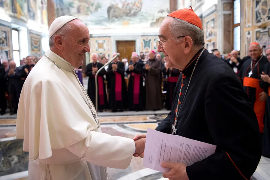 Pope Francis greets Cardinal Stanislaw Rylko, president of the Pontifical Council for the Laity, at the Vatican's Clementine Hall, June 17, 2016. ?w=200&h=150
