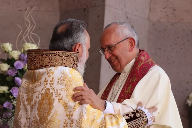 Pope Francis greets Catholicos Karekin II during divine liturgy June 26 2016 Credit Edward PentinCNA