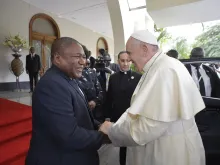 Pope Francis greets Filipe Nyusi, the president of Mozambique, in Maputo Sept. 5, 2019. 