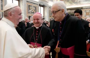 Pope Francis greets officials of the John Paul II Institute at the Clementine Hall in the Vatican, Oct. 27, 2016.   Vatican Media