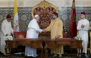 Pope Francis greets Moroccan King Mohammed VI in Rabat March 30, 2019.   Vatican Media
