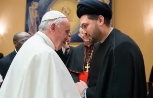 Pope Francis greets Sayed Ali Abbas Razawi, director of the General Scottish Ahlul Bayt Society, at the Vatican April 5, 2017.   Mazur/catholicnews.org.uk.