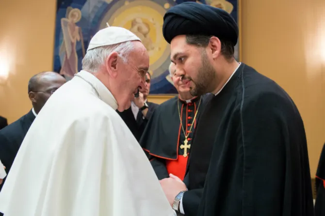 Pope Francis greets Sayed Ali Abbas Razawi director of the General Scottish Ahlul Bayt Society at the Vatican April 5 2017 Credit Mazur catholicnewsorguk CNA