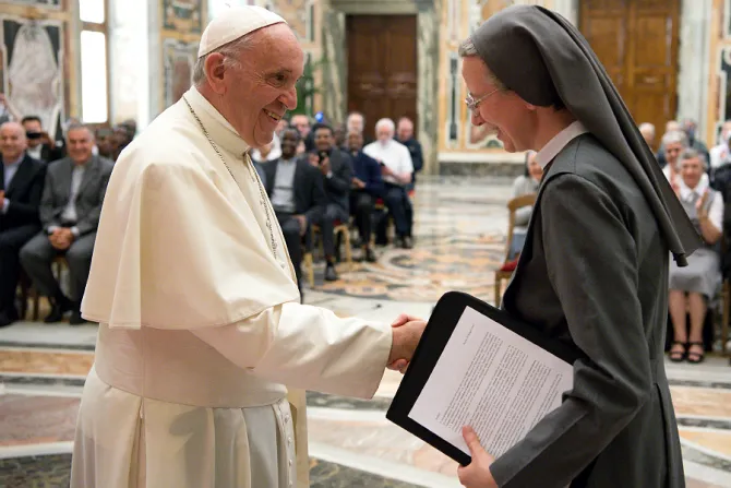 Pope Francis greets Sister Simona Brambilla superior general of the Consolata Missionary Sisters in the Clementine Hall June 5 2017 Credit LOR CNA